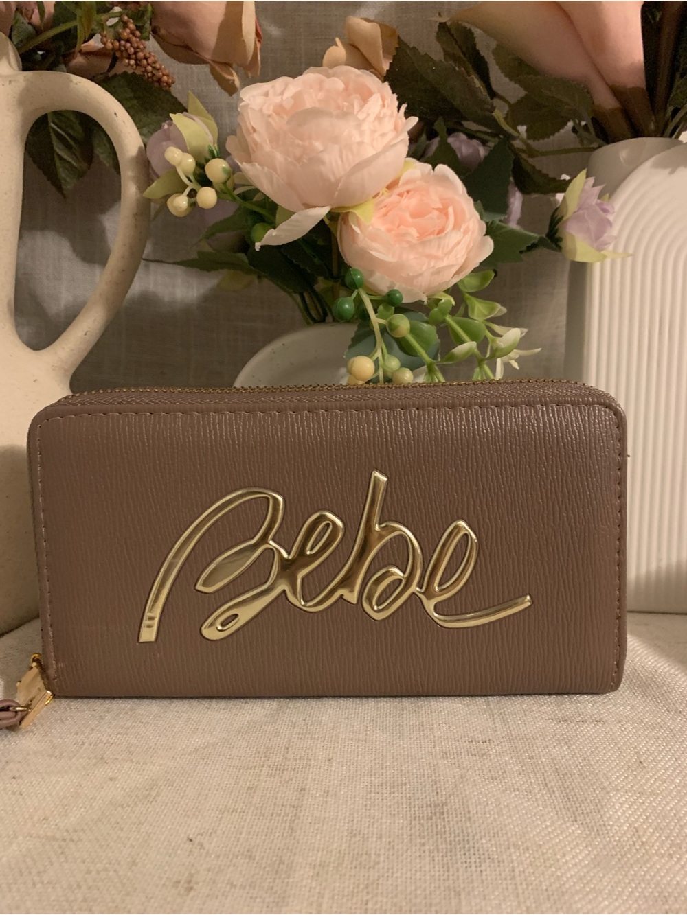 bebe Taupe Zip-Around Wallet with Gold Logo